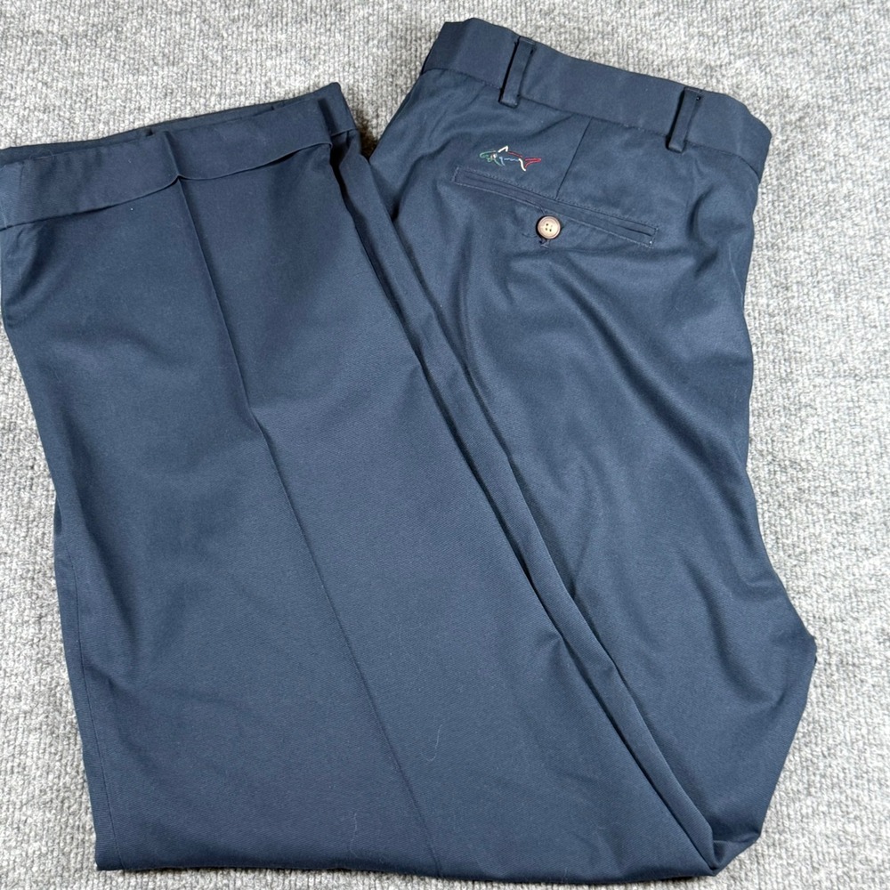 Greg Norman Mens Pants 40x30 Blue Flat Front Golf Dress Casual Shark Logo Office